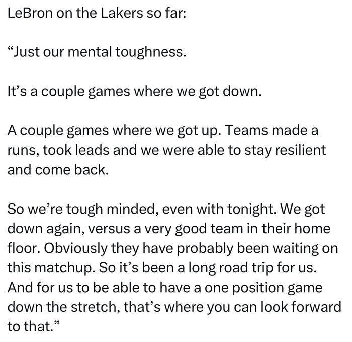 湖人客场逆境显韧性 勒布朗谈心理韧性助球队稳